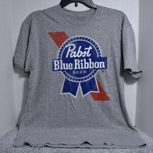 Pabst Blue Ribbon Beer T-Shirt PBR Size Medium Logo Heather Grey Blue White NEW